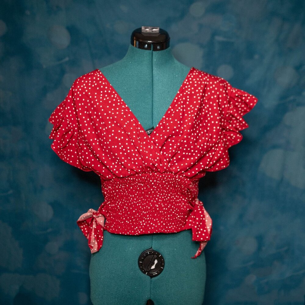 CLEARANCE Shein Red Polka Dot Wrap Crop Top Floral Tie-Front Crop Top XL Set - Picture 2 of 11